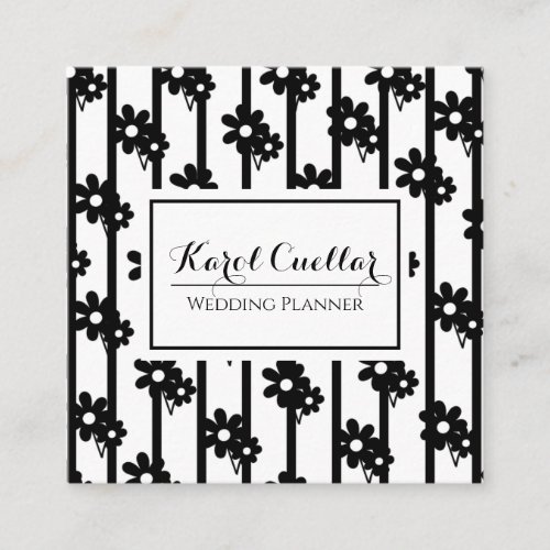 Modern Black Flowers With Vertical Lines Pattern Square Business Card