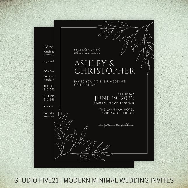 Modern Black Foliage Outline All-in-One Wedding Invitation (Creator Uploaded)
