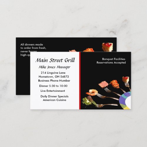 Modern Black Food on Forks Professional Restaurant Business Card