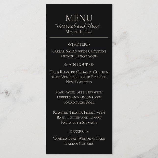 Modern Black Formal Wedding Menu (Front)