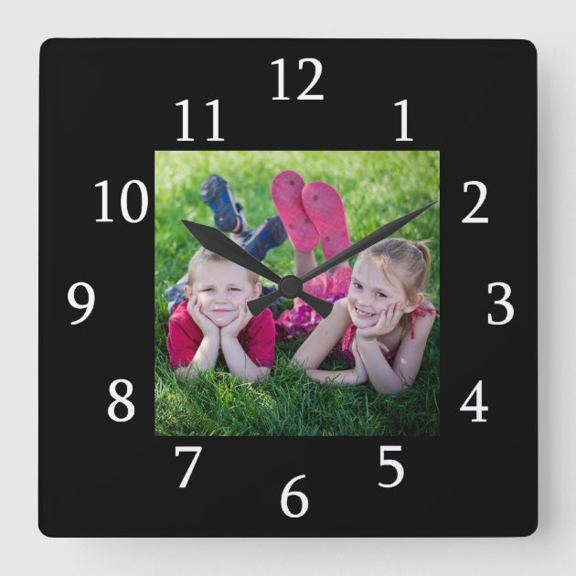 Modern Black Frame Custom Photo Square Wall Clock | Zazzle