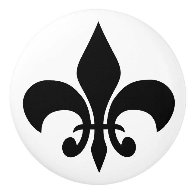 Modern Black French Lily Fleur-de-lis on White Ceramic Knob (Front)