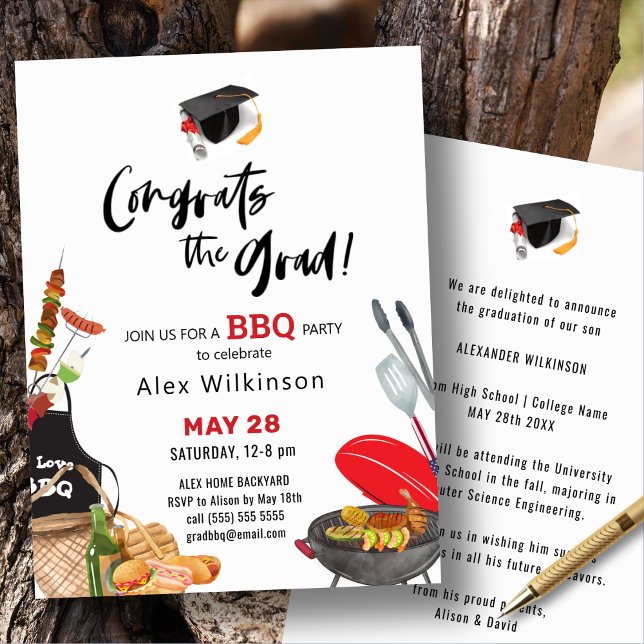 Modern Black Fun Script Graduation BBQ Party  Invitation (Creator Uploaded)