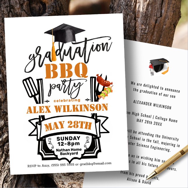 Modern Black Fun Script Graduation BBQ Party  Invitation (Creator Uploaded)
