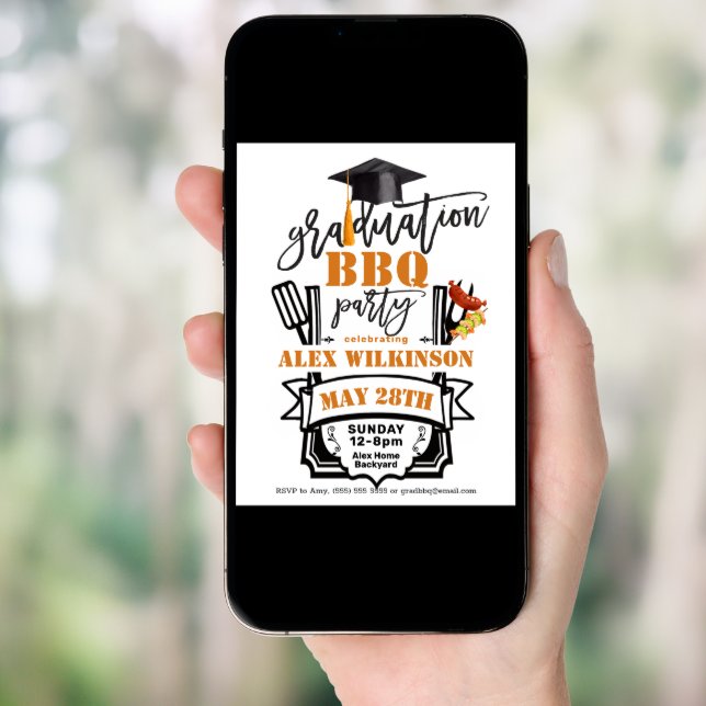 Modern Black Fun Script Graduation BBQ Party  Invitation (Front Digital)