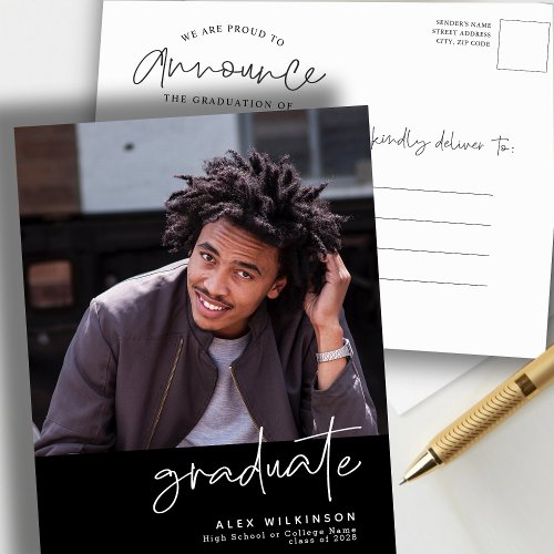 Modern Black Fun Script Simple Photo Graduation Announcement Postcard