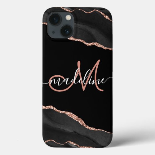 Modern Black Geode Agate Rose Glitter Monogrammed iPhone 13 Case