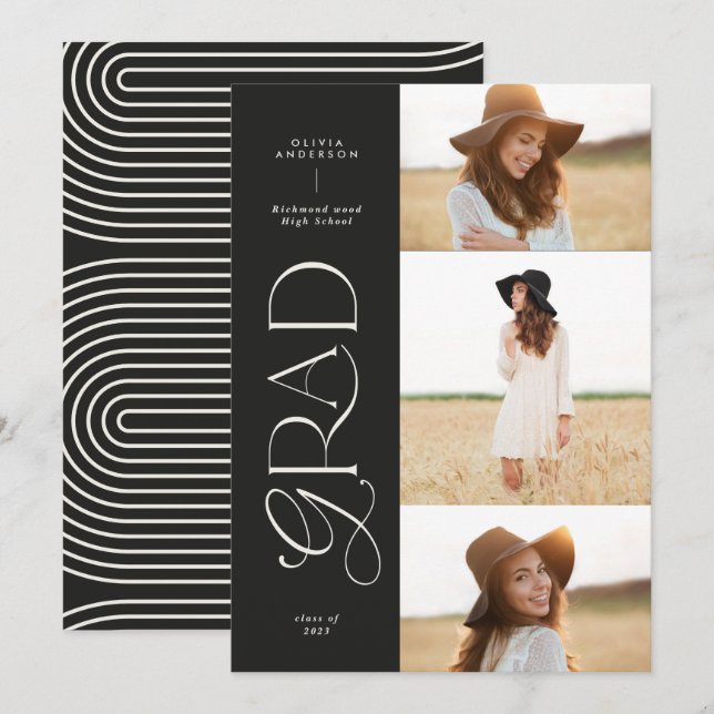 Modern black geometric 3 photo arch graduation announcement (Front/Back)