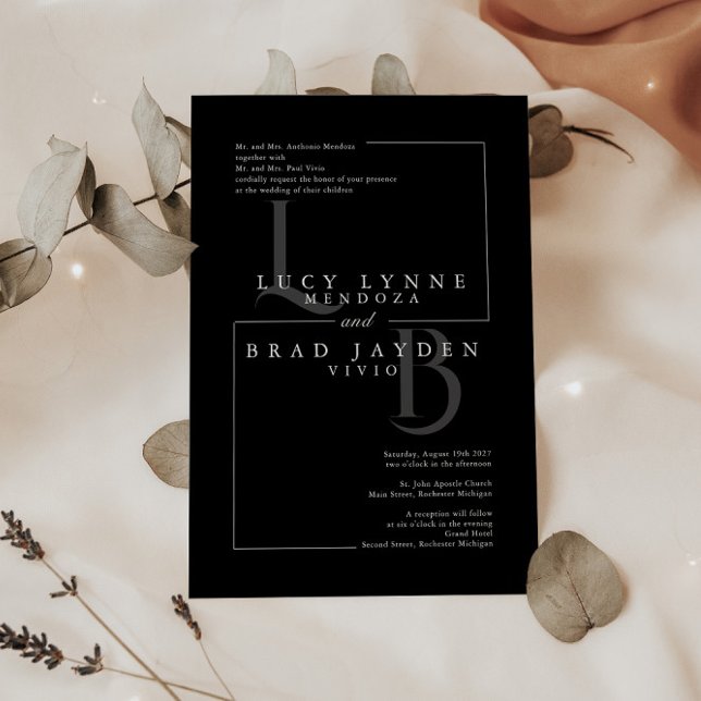 Modern Black Geometric Initials Wedding Invite (Creator Uploaded)