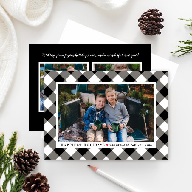 Modern Black Gingham Happiest Holidays Photo Holiday Card (Creator Uploaded)