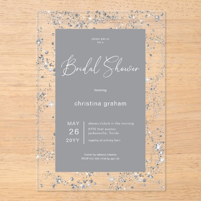 Modern Black Glam Diamond Frame Bridal Luncheon Acrylic Invitations (Front)