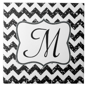 Modern Black Glitter Chevron Monogram Display Tile