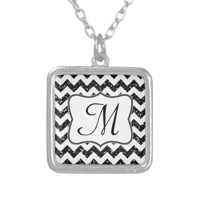 Modern Black Glitter Chevron Zig Monogram Necklace (Front)