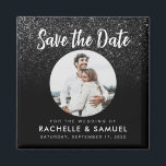 Modern Black Glitter Chic Photo Save the Date Magnet<br><div class="desc">A simple modern save the date magnet. Personalize this minimalist black and white design to have your personal details and message. Features script calligraphy typography and faux glitter image background. Add your own custom photo.</div>