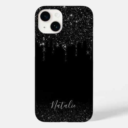 Modern Black Glitter Drips Elegant Custom Name Case_Mate iPhone 14 Case