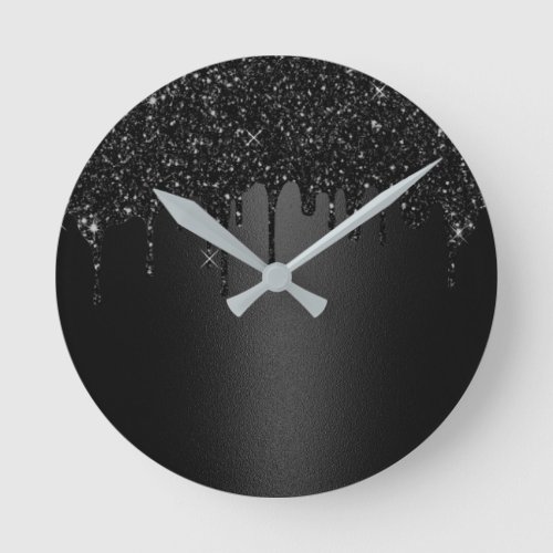 Modern Black Glitter Drips Elegant Dark Round Clock