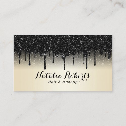 Modern Black Glitter Drips Pearl Beauty Salon Business Card