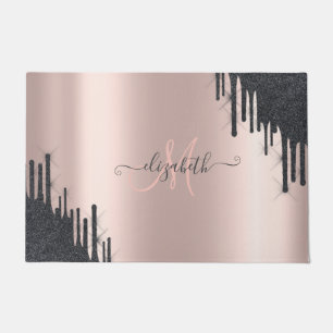 Modern Black Glitter Drips Rose Gold Monogram Doormat