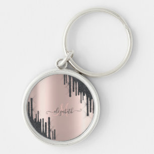 Modern Black Glitter Drips Rose Gold Monogram Keychain