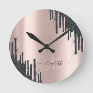Modern Black Glitter Drips Rose Gold Monogram Round Clock