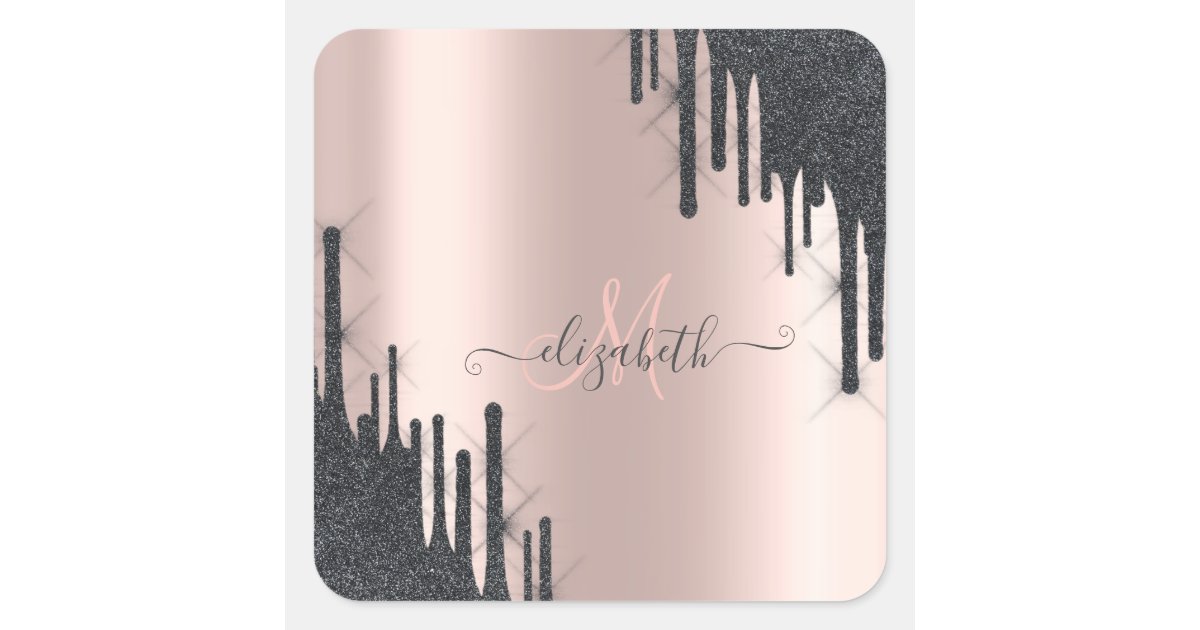Modern Black Glitter Drips Rose Gold Monogram Square Sticker | Zazzle