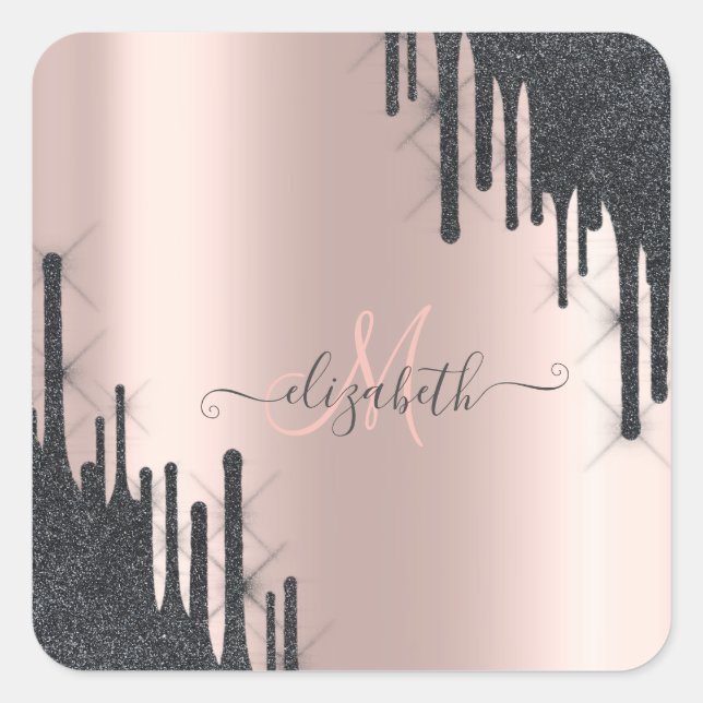 Modern Black Glitter Drips Rose Gold Monogram   Square Sticker (Front)