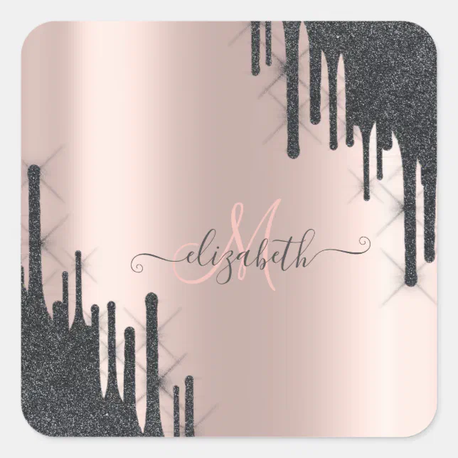 Modern Black Glitter Drips Rose Gold Monogram Square Sticker | Zazzle
