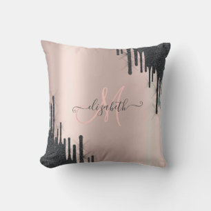 Modern Black Glitter Drips Rose Gold Monogram Throw Pillow