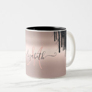 Modern Black Glitter Drips Rose Gold Monogram Two-Tone Coffee Mug