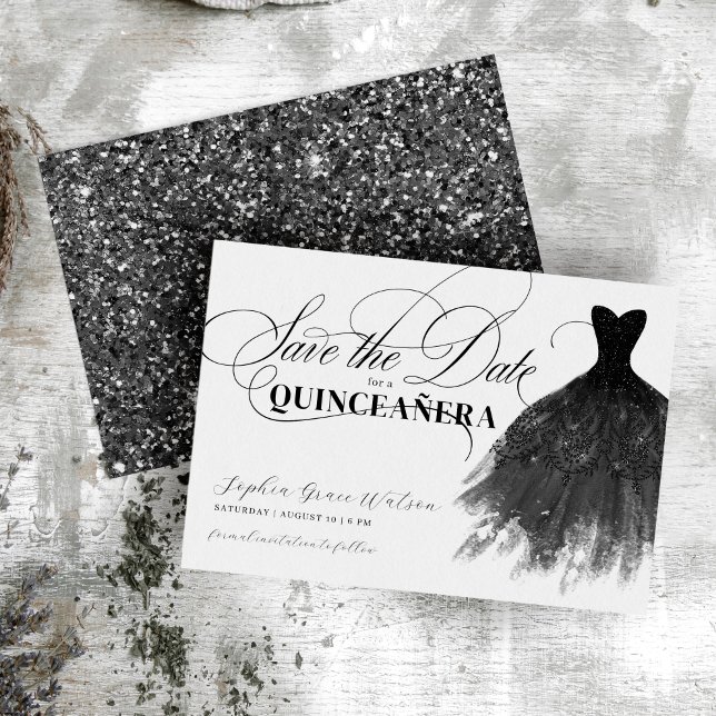 Modern Black Glitter Girly Dress Quinceanera Save The Date