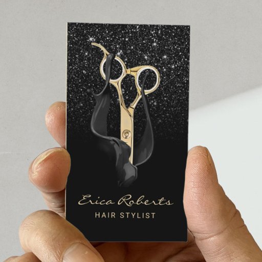 Customizable Modern Black Glitter Gold Scissor Hair Stylist Business Card