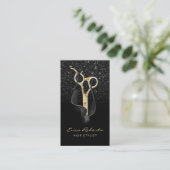 Modern Black Glitter Gold Scissor Hair Stylist Business Card (Standing Front)