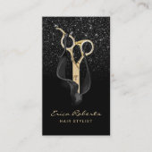 Modern Black Glitter Gold Scissor Hair Stylist Business Card (Front)
