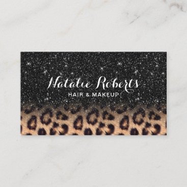 Modern Black Glitter Leopard Beauty Salon Business Card
