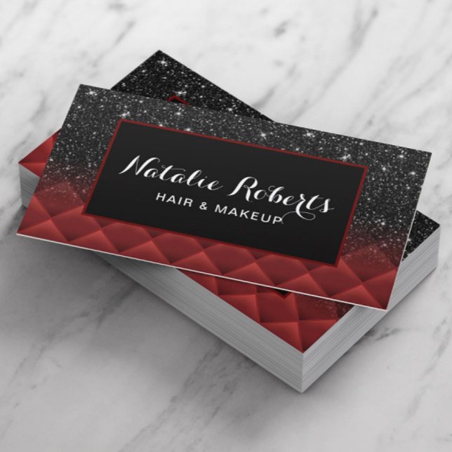 Modern Black Glitter Lux Red Quilted Beauty Salon Business Card (Creator Uploaded)