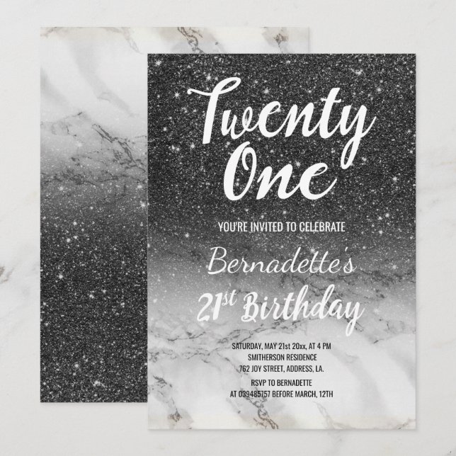 Modern black glitter marble ombre 21st Birthday Invitation (Front/Back)