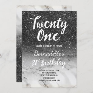 Modern black glitter marble ombre 21st Birthday Invitation