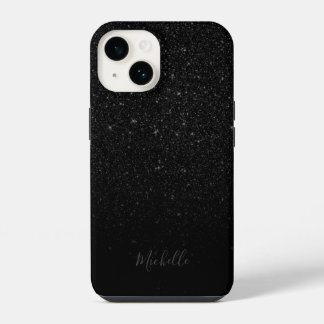 Modern Black Glitter Minimalist Custom Name iPhone 14 Case