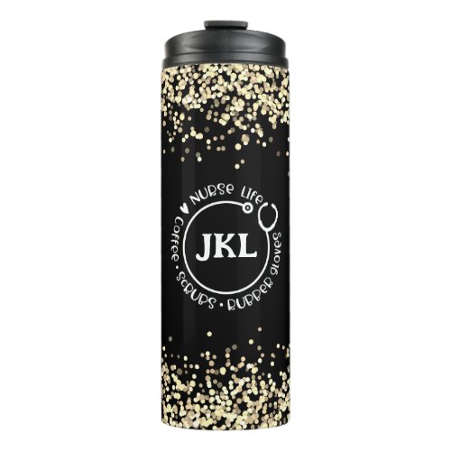 Modern Black Glitter Monogram Stethoscope Nurse   Thermal Tumbler