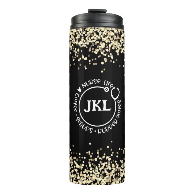 Modern Black Glitter Monogram Stethoscope Nurse   Thermal Tumbler (Front)