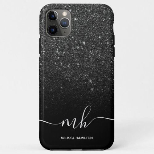 Modern black glitter ombre  elegant monogrammed iPhone 11 pro max case
