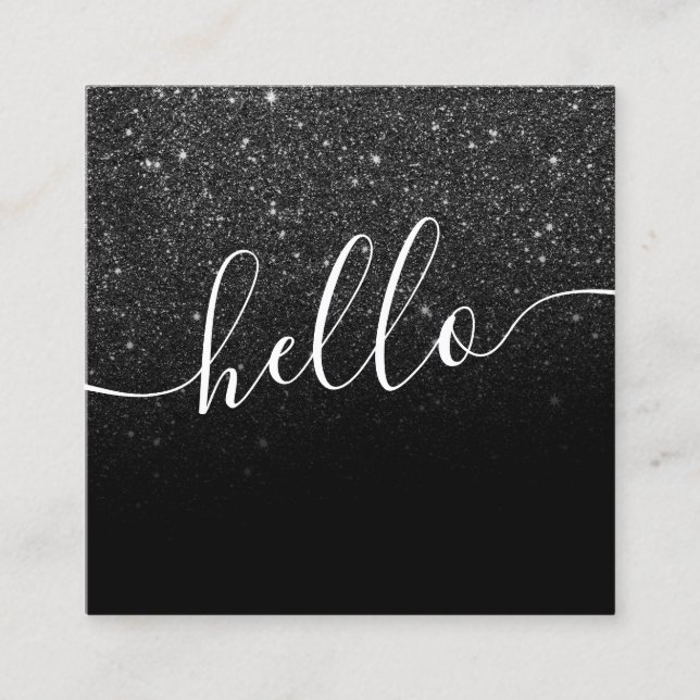Modern black glitter ombre white marble hello square business card (Front)