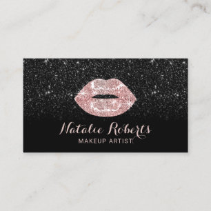 Modern Black Glitter Rose Gold Lips Makeup Artist Business Card