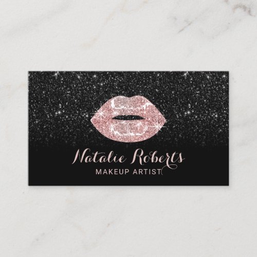Modern Black Glitter Rose Gold Lips Makeup Artist Business Card