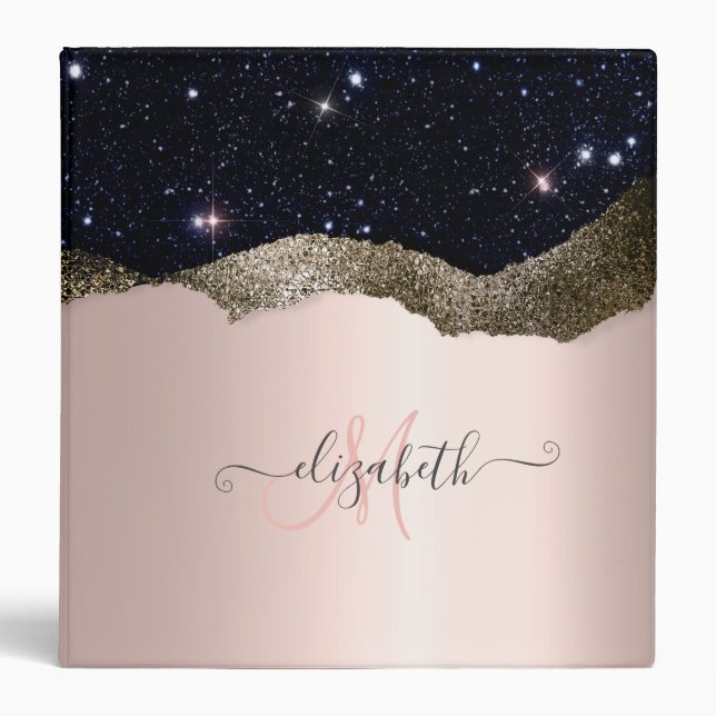 Modern Black Glitter Rose Gold Monogram  3 Ring Binder (Front)