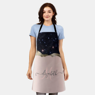 Modern Black Glitter Rose Gold Monogram Apron