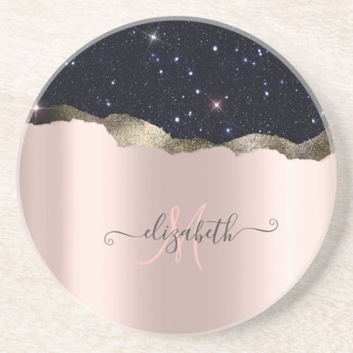 Modern Black Glitter Rose Gold Monogram Coaster