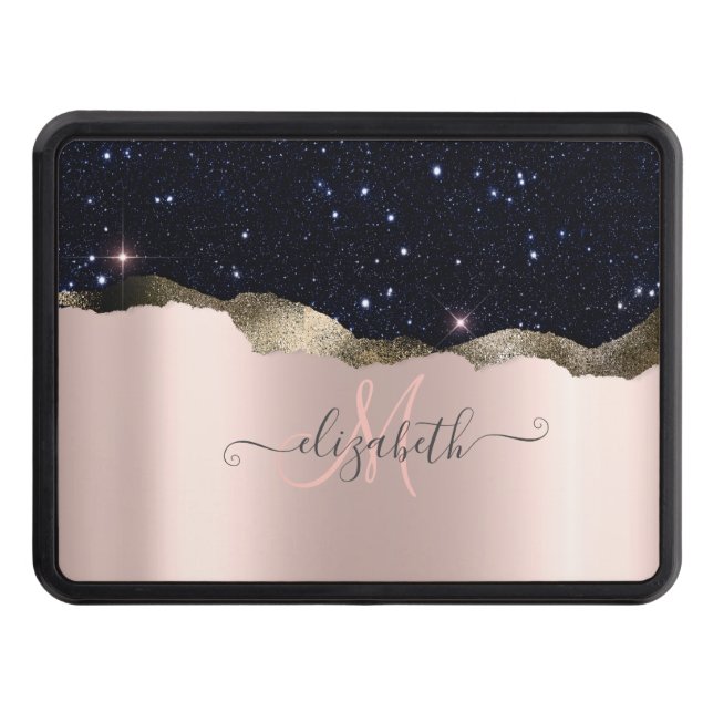 Modern Black Glitter Rose Gold Monogram   Hitch Cover (Front)