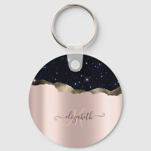 Modern Black Glitter Rose Gold Monogram Keychain