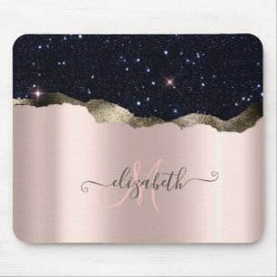 Modern Black Glitter Rose Gold Monogram Mouse Pad
